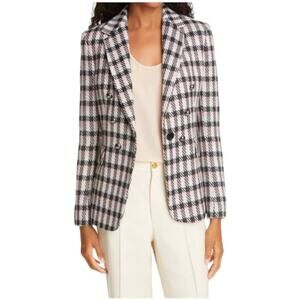 Helene Berman NWT Carine Wool Blend Plaid Tweed Blazer Jack­et Size L Pink Black